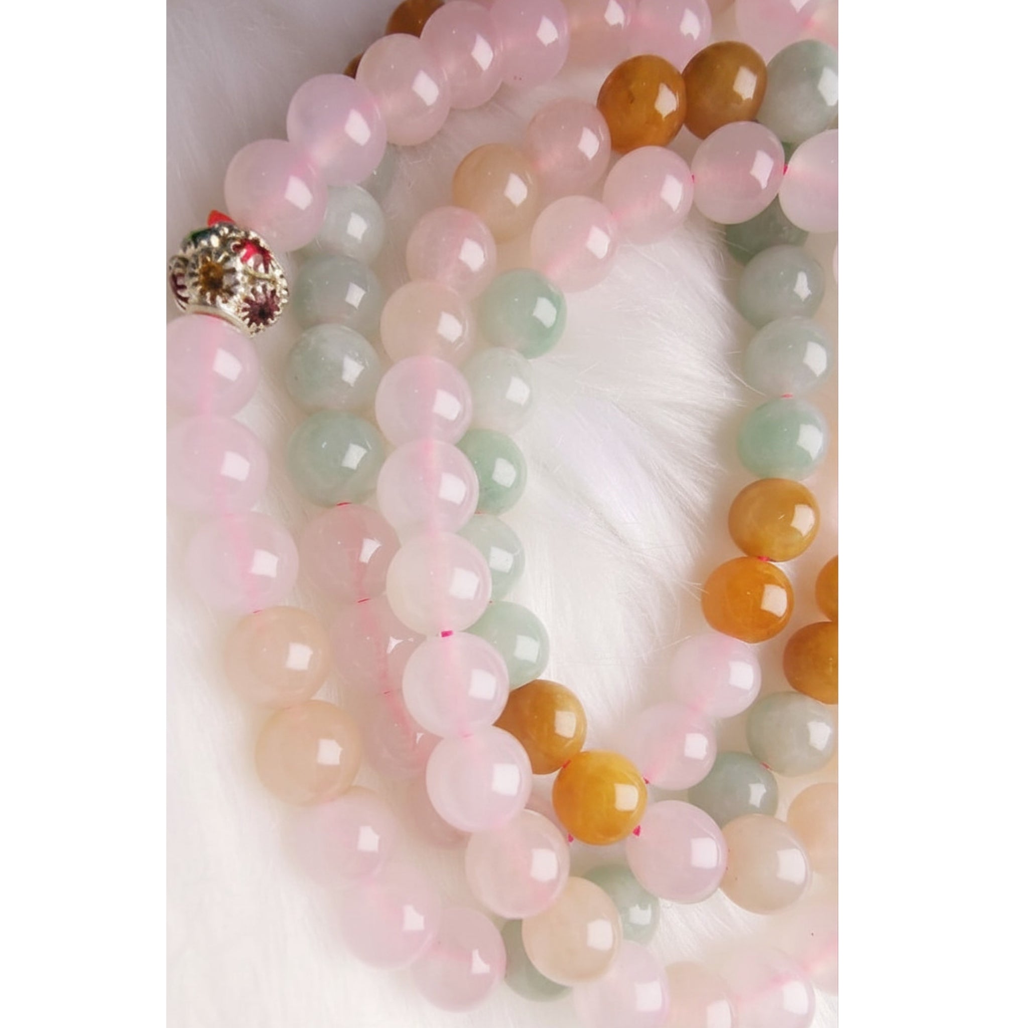 108 Bead Natural Jadeite Necklace – Pink, Green & Yellow Jade