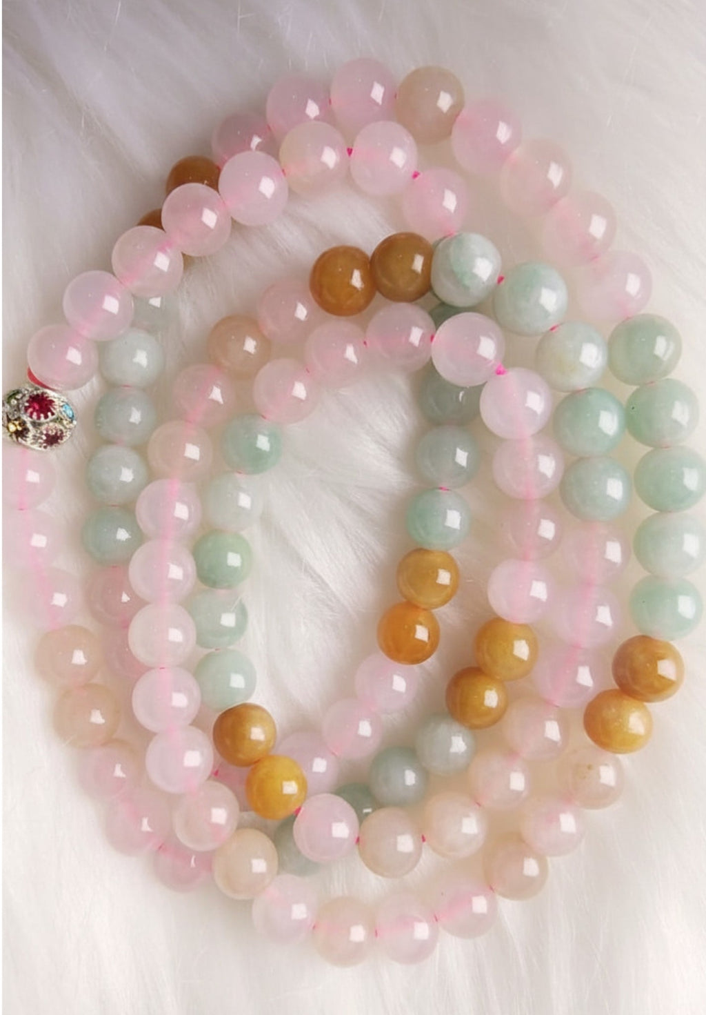 108 Bead Natural Jadeite Necklace – Pink, Green & Yellow Jade