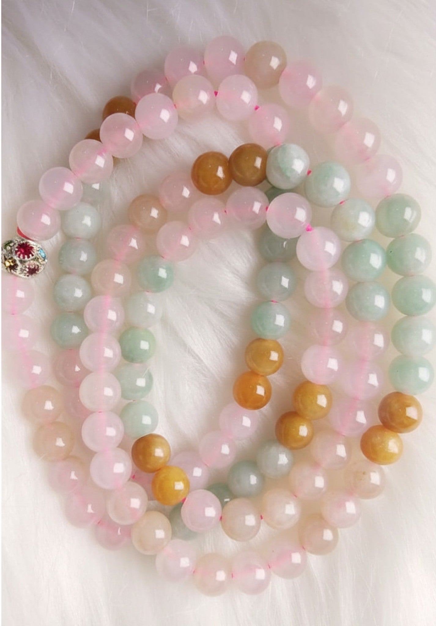 108 Bead Natural Jadeite Necklace – Pink, Green & Yellow Jade