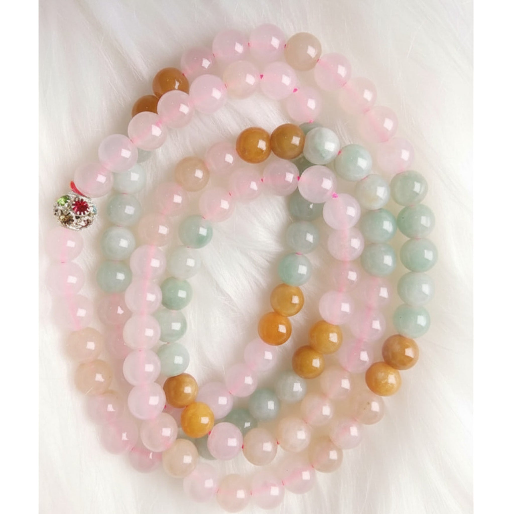108 Bead Natural Jadeite Necklace – Pink, Green & Yellow Jade