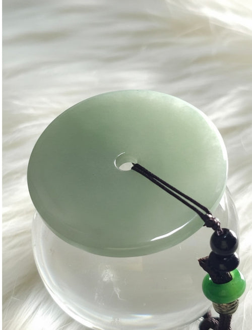 45mm Natural Celadon Jade Bi Disc, Icy Green Pendant , Semi-Translucent Sounding