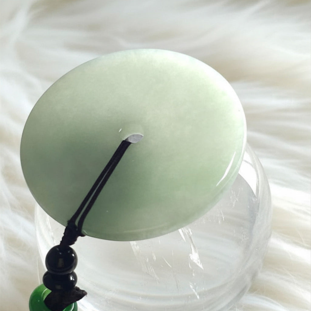 45mm Natural Celadon Jade Bi Disc, Icy Green Pendant , Semi-Translucent Sounding