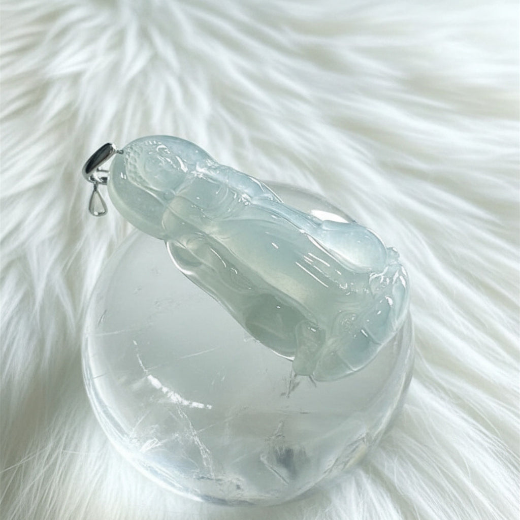 Icy Green Jade Pendant | Standing Deity | 43.7mm | 925 Silver | Water Glow