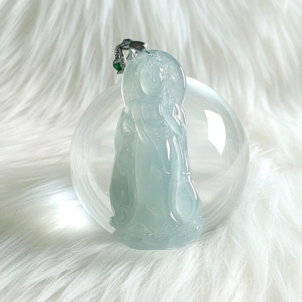 Icy Green Jade Pendant | Standing Deity | 43.7mm | 925 Silver | Water Glow