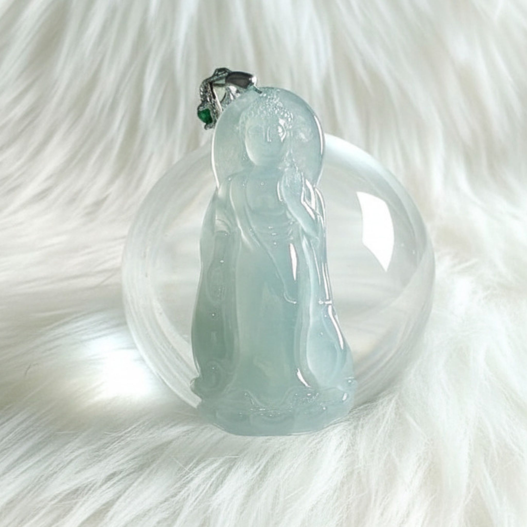Icy Green Jade Pendant | Standing Deity | 43.7mm | 925 Silver | Water Glow