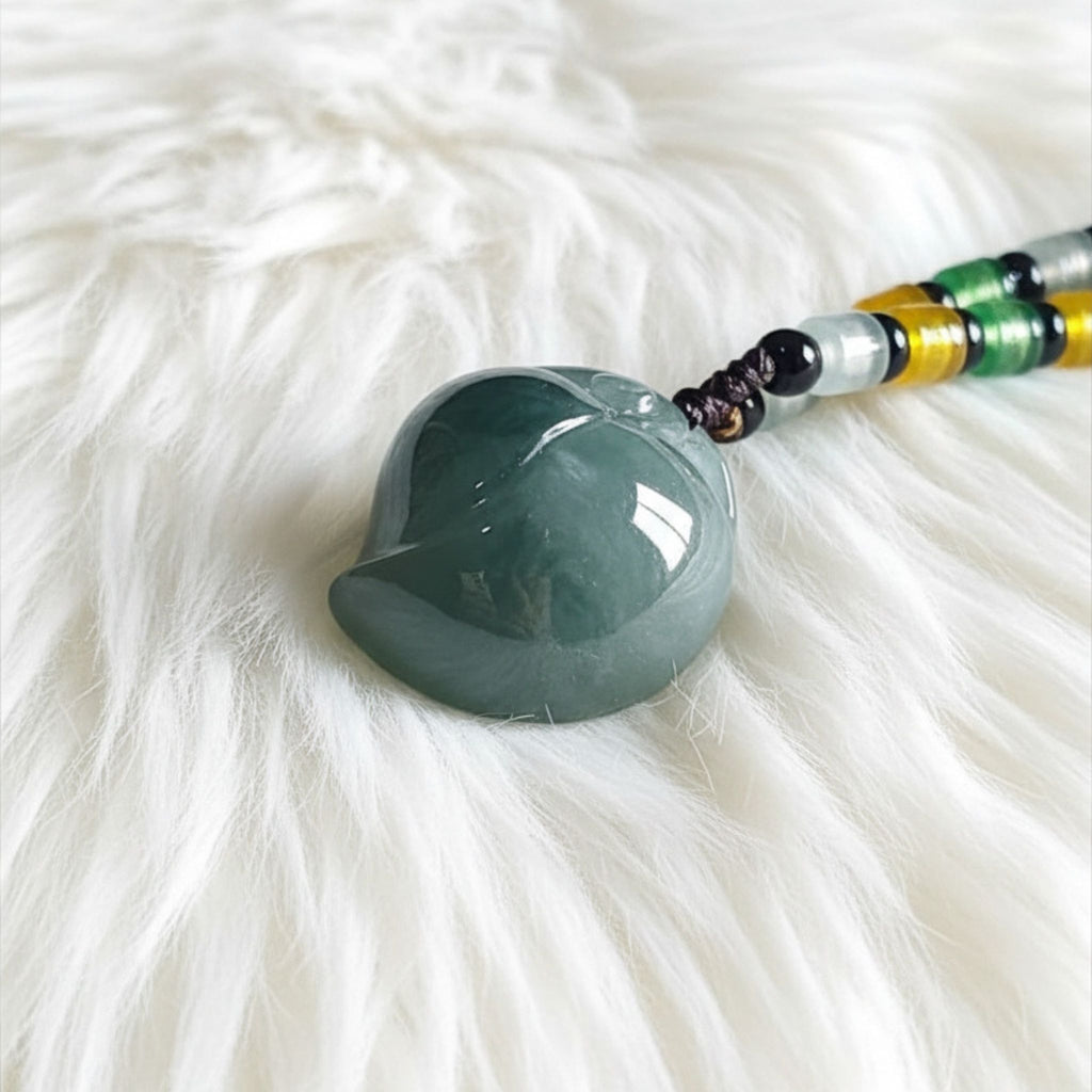 Blue-Green Jade Peach Pendant | Semi-Translucent | 29mm | Longevity Symbol
