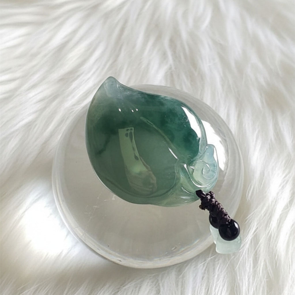 Blue-Green Jade Peach Pendant | Semi-Translucent | 29mm | Longevity Symbol