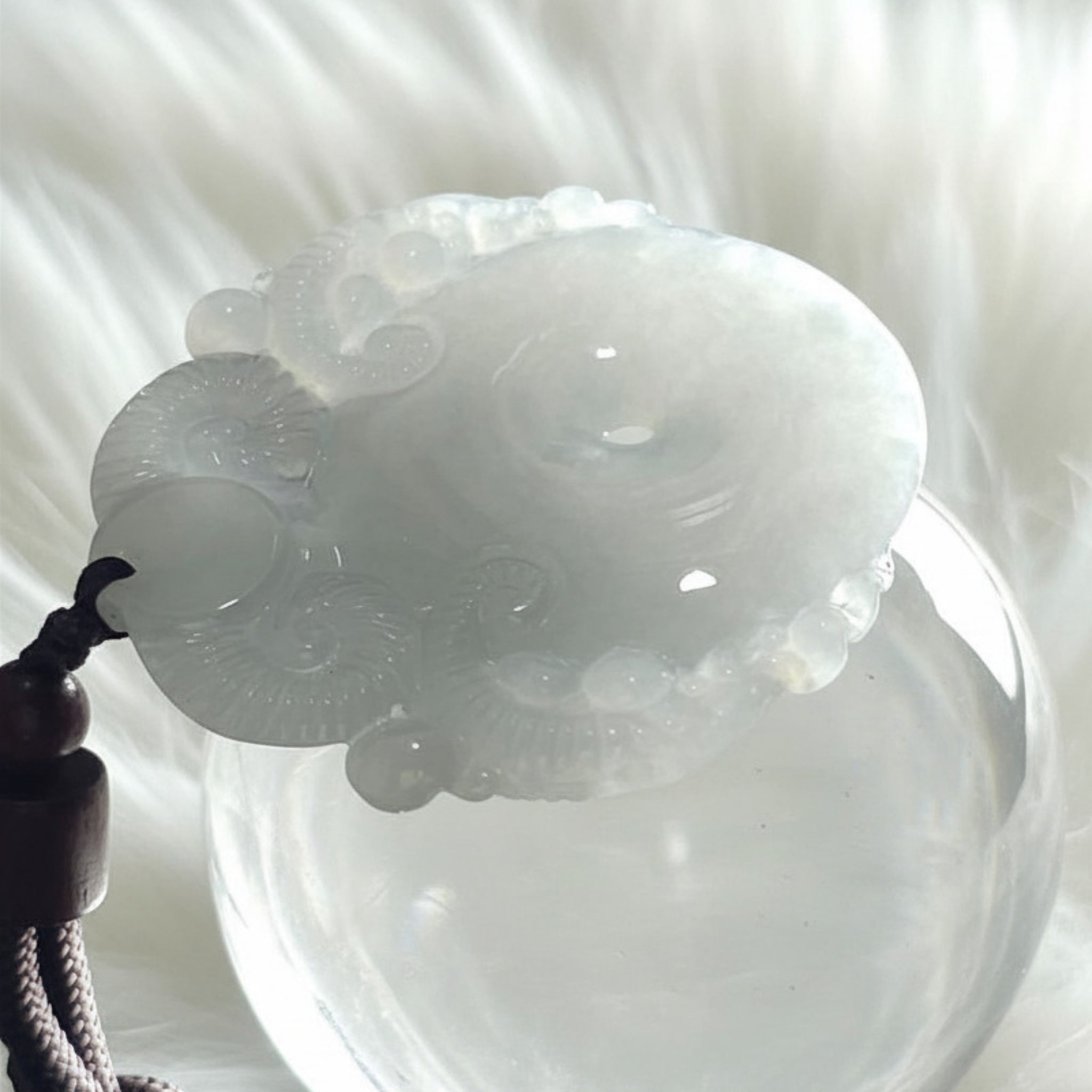 Ram Carved Jade Bi Disc | Icy White Jadeite | 45mm | Harmony & Strength Symbol