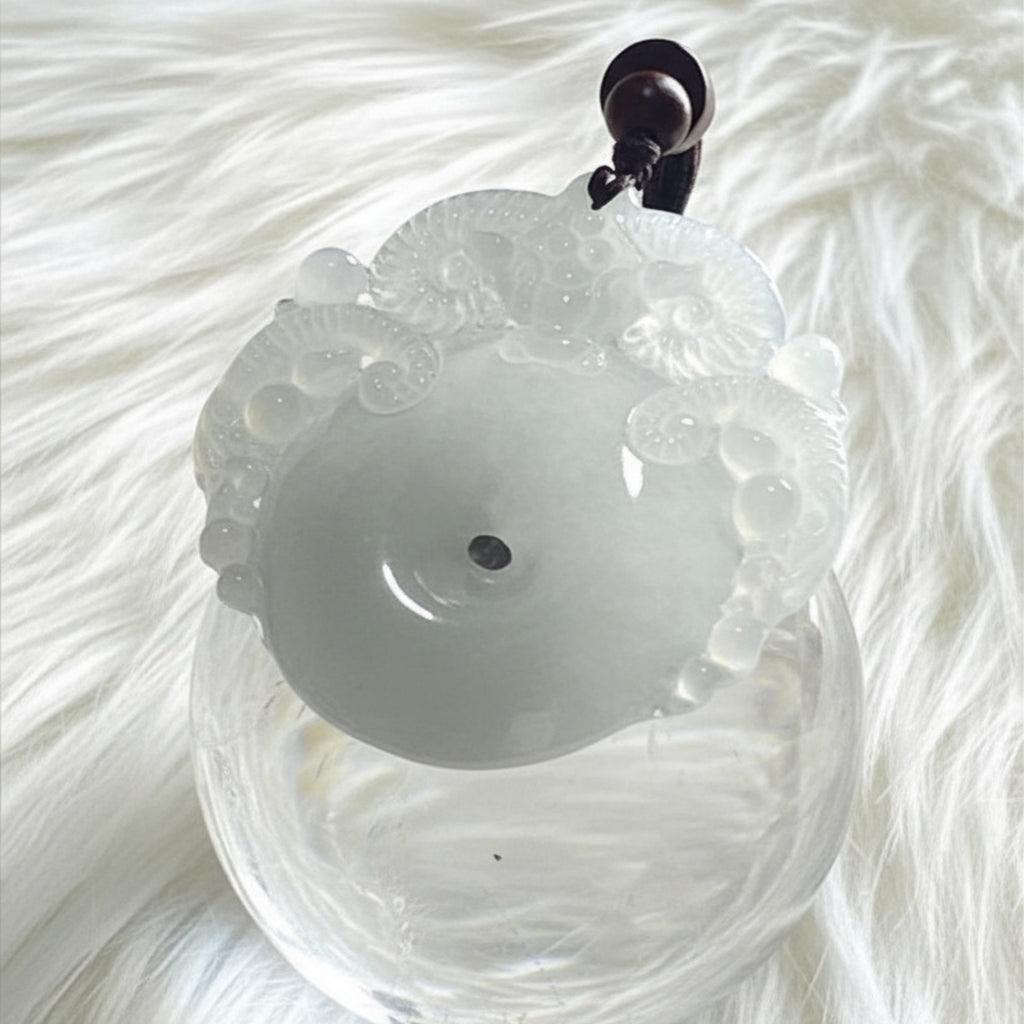 Ram Carved Jade Bi Disc | Icy White Jadeite | 45mm | Harmony & Strength Symbol
