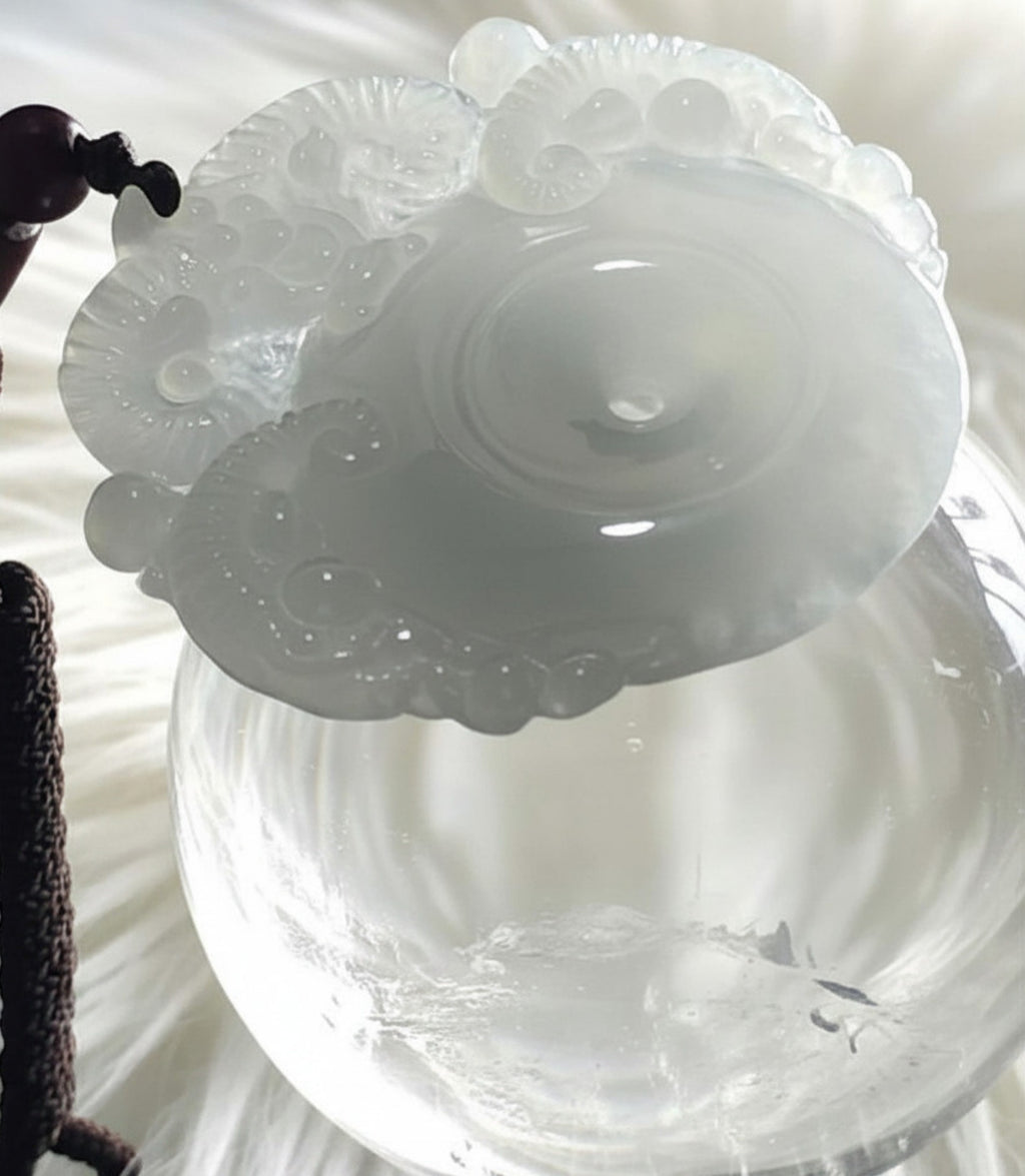 Ram Carved Jade Bi Disc | Icy White Jadeite | 45mm | Harmony & Strength Symbol