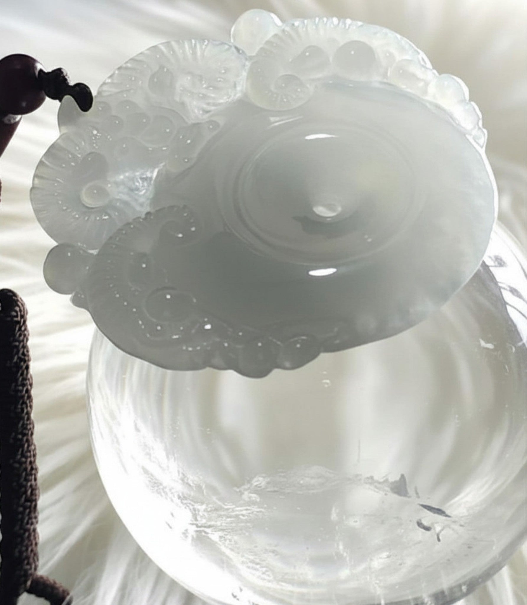 Ram Carved Jade Bi Disc | Icy White Jadeite | 45mm | Harmony & Strength Symbol