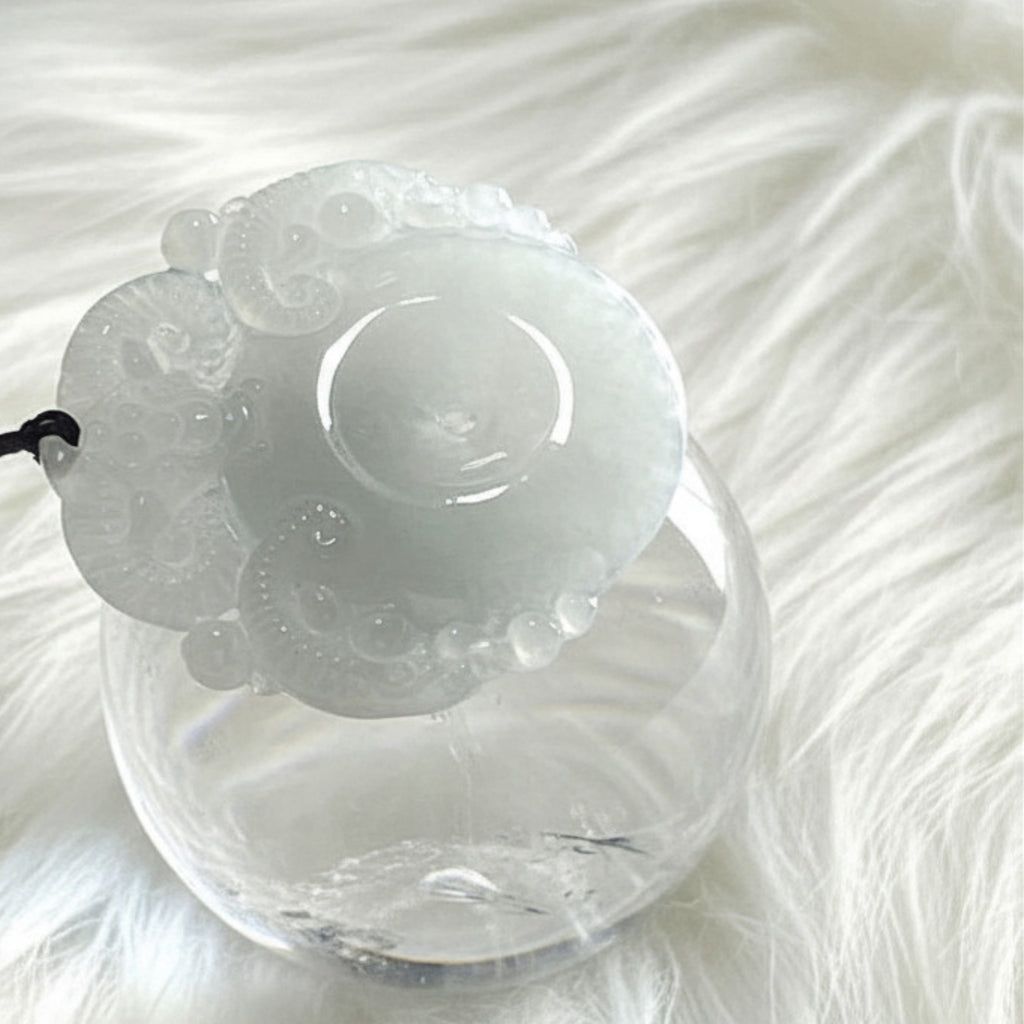 Ram Carved Jade Bi Disc | Icy White Jadeite | 45mm | Harmony & Strength Symbol