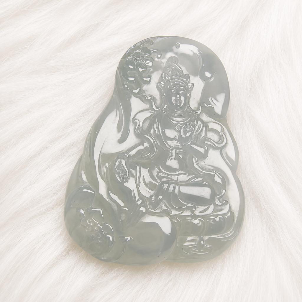 Natural Blue Water Jadeite Guanyin Pendant – Hand Carved