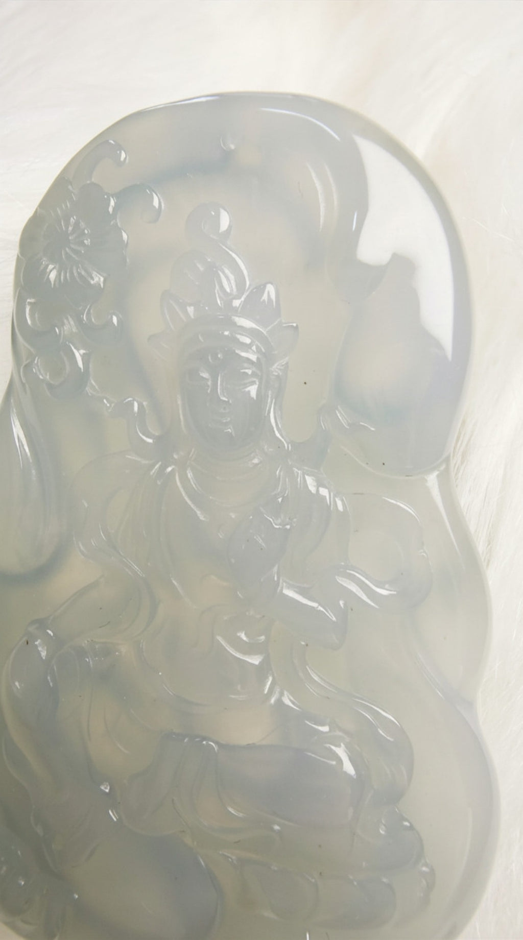 Natural Blue Water Jadeite Guanyin Pendant – Hand Carved