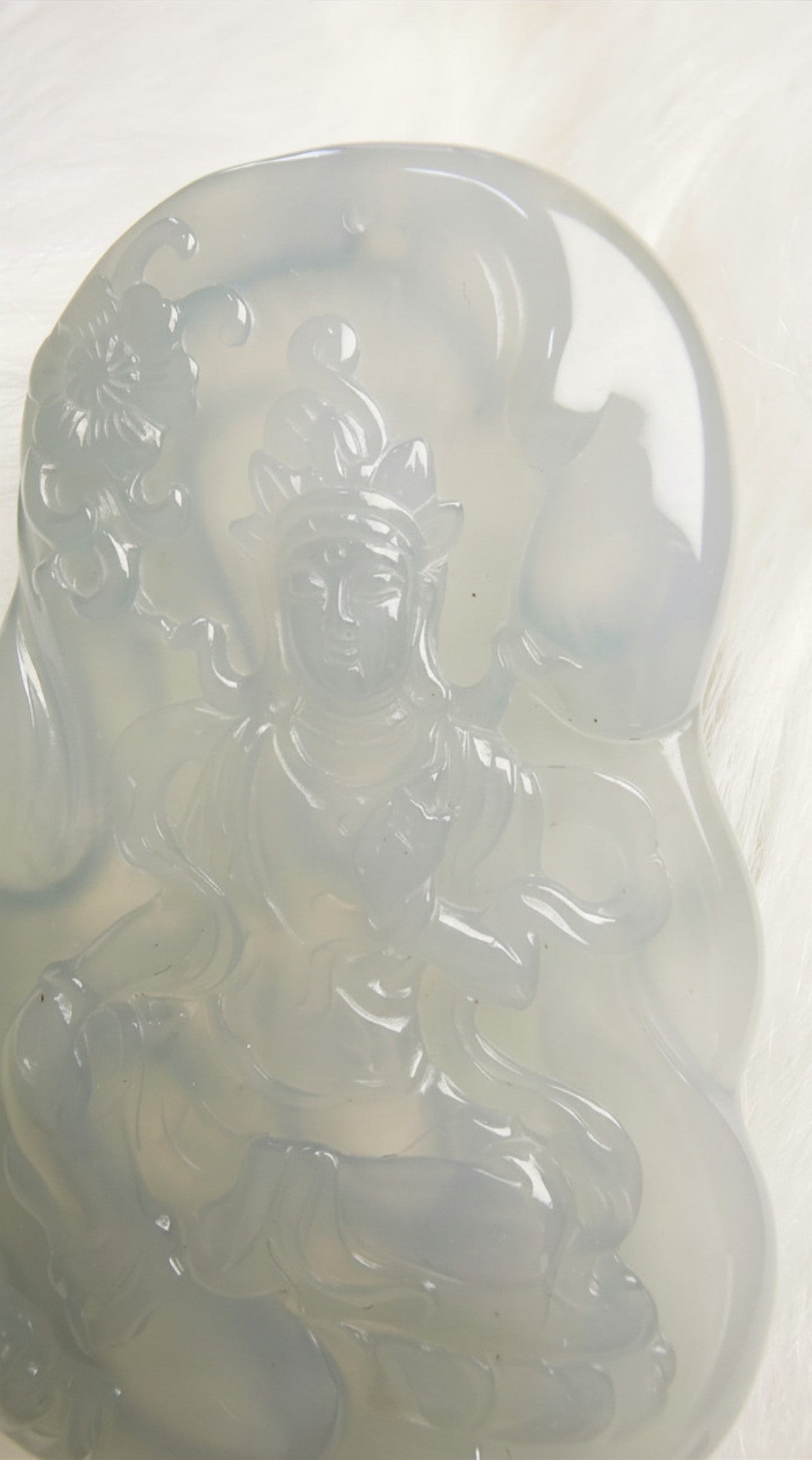 Natural Blue Water Jadeite Guanyin Pendant – Hand Carved