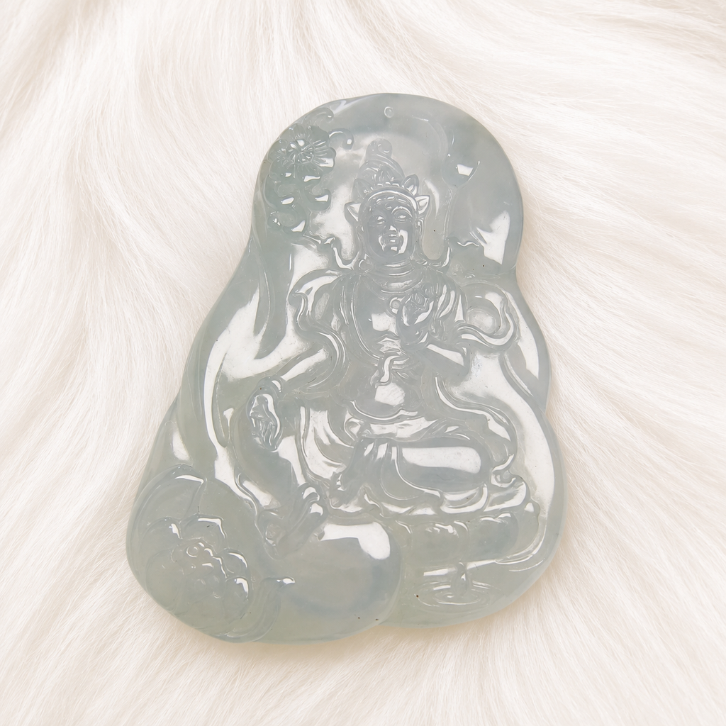 Natural Blue Water Jadeite Guanyin Pendant – Hand Carved