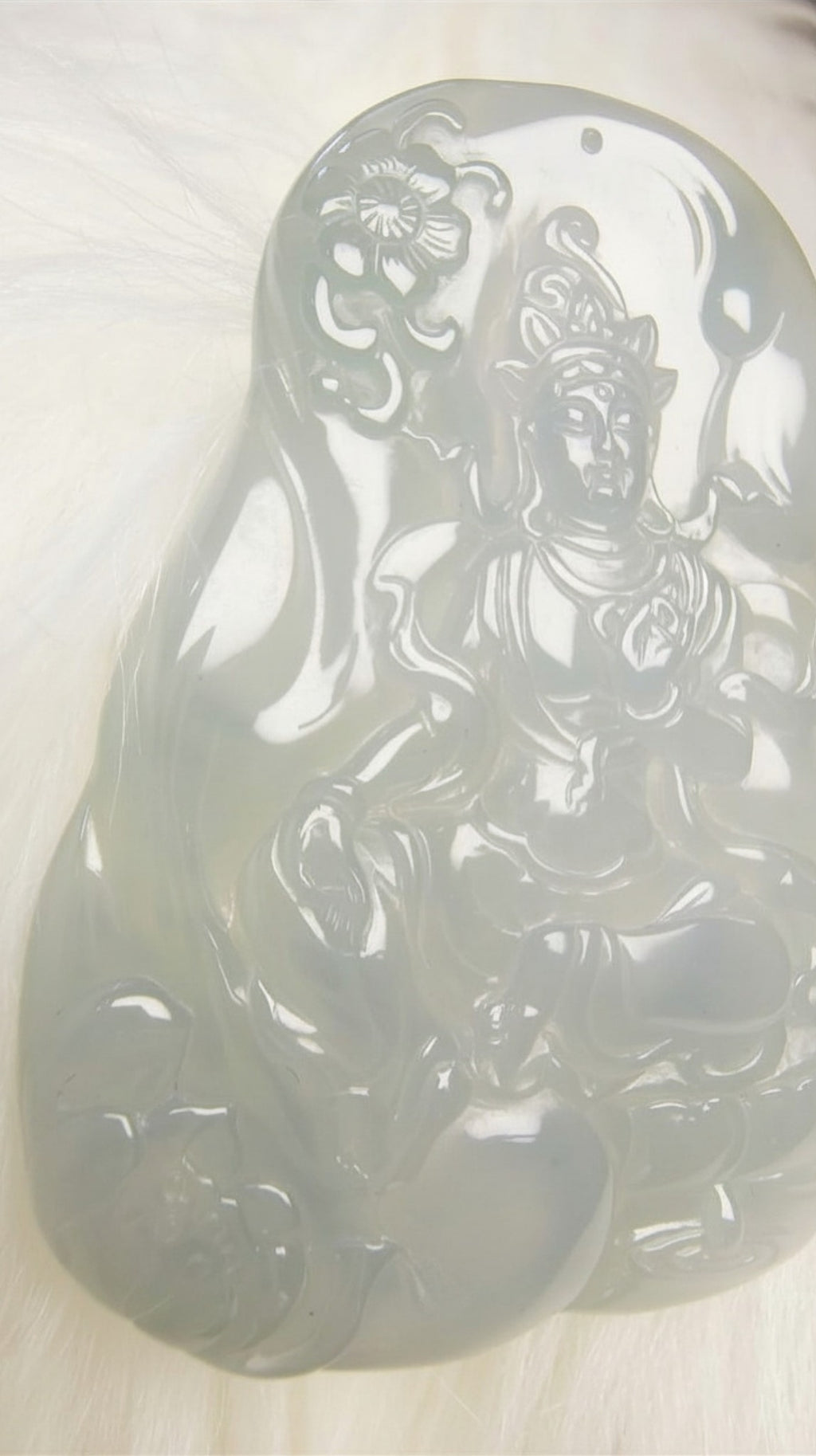 Natural Blue Water Jadeite Guanyin Pendant – Hand Carved