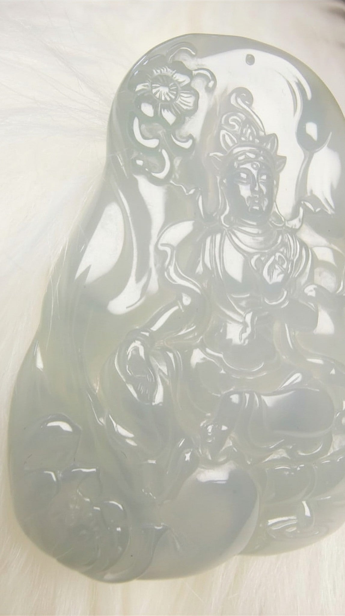 Natural Blue Water Jadeite Guanyin Pendant – Hand Carved
